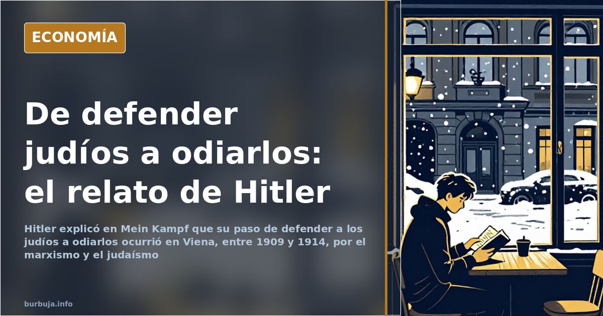 Retrato ilustrado de un joven Hitler en Viena junto a un ejemplar de Mein Kampf y apuntes sobre su giro ideológico