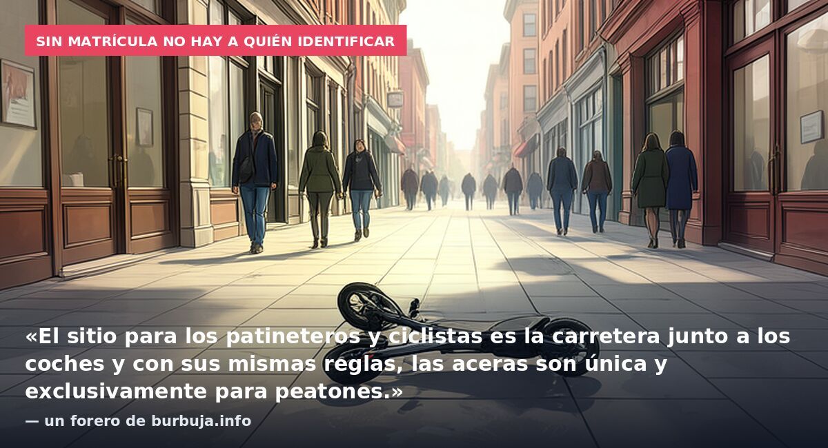 Sin matrícula no hay a quién identificar: «El sitio para los patineteros y ciclistas es la carretera junto a los coches y con sus mismas reglas, las aceras son única y exclusivamente para peatones.» — un forero de burbuja.info