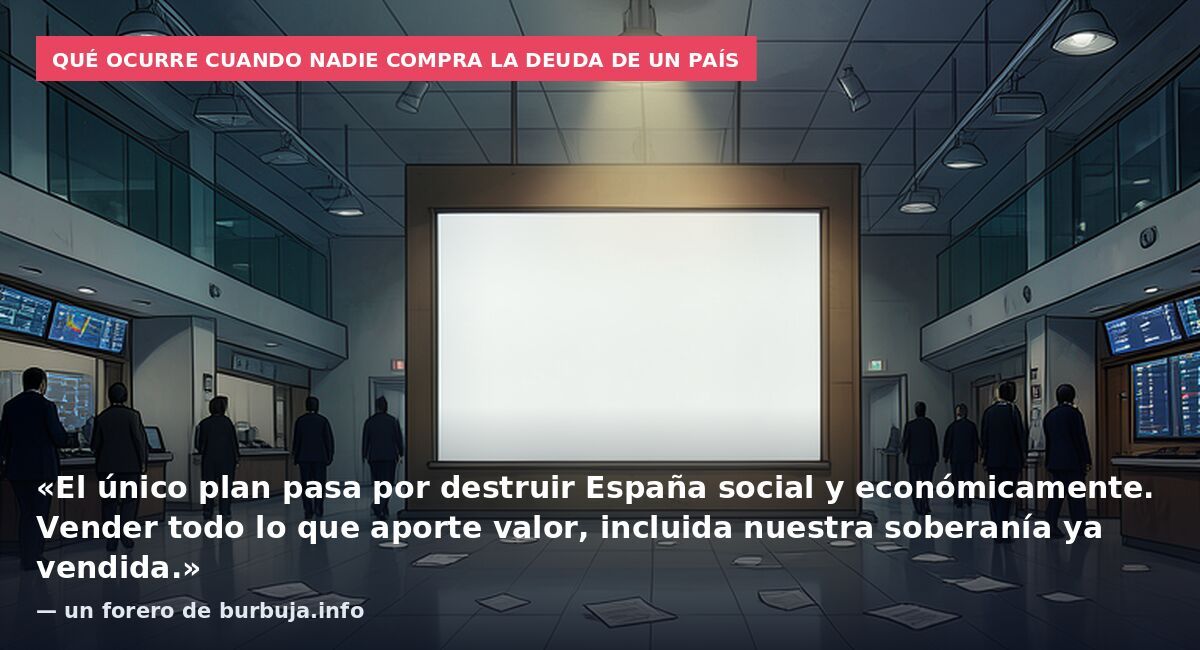 Qué ocurre cuando nadie compra la deuda de un país: «El único plan pasa por destruir España social y económicamente. Vender todo lo que aporte valor, incluida nuestra soberanía ya vendida.» — un forero de burbuja.info