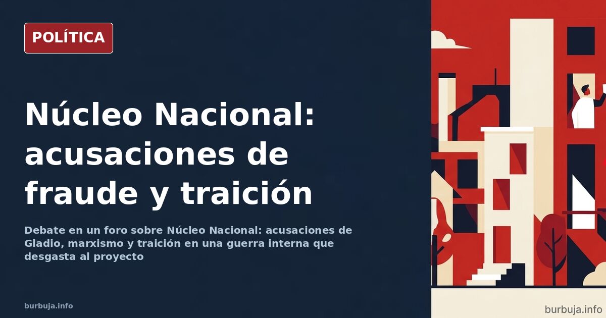 Ilustración editorial de un parlamento dividido con banderas y atriles, símbolo del conflicto interno en Núcleo Nacional