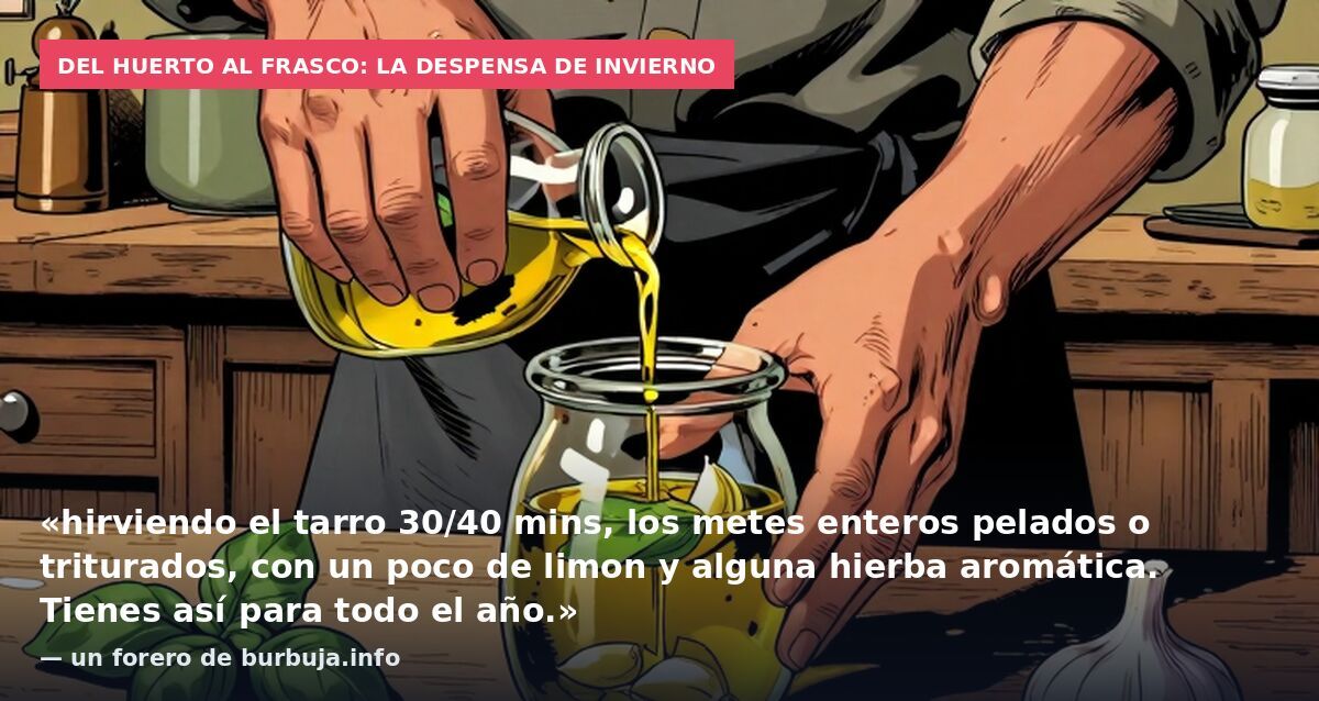 Del huerto al frasco: la despensa de invierno: «hirviendo el tarro 30/40 mins, los metes enteros pelados o triturados, con un poco de limon y alguna hierba aromática. Tienes así para todo el año.» — un forero de burbuja.info