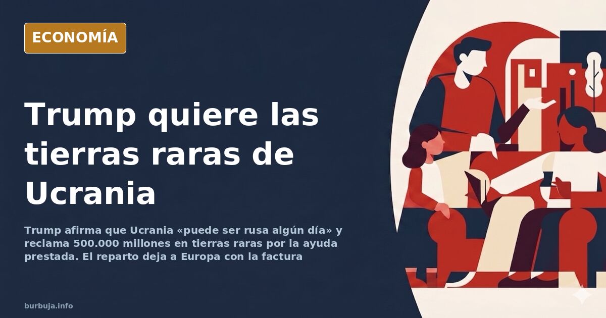 Ilustración editorial de un mapa de Ucrania partido en dos mitades sobre una balanza con bloques minerales dorados