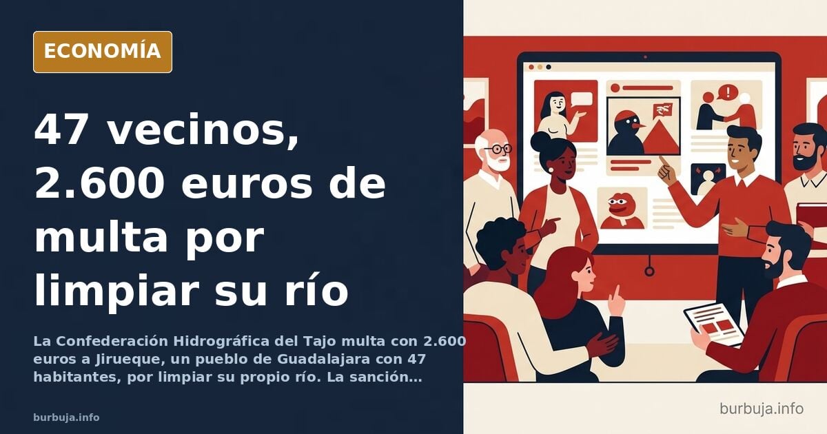 Ilustración editorial de un pequeño pueblo junto a un río, con una multa simbólica sobrevolando el cauce
