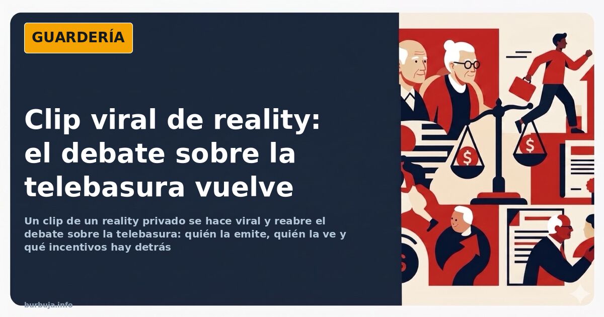 Ilustración de un plató de televisión con pantallas y un clip viral de reality en primer plano
