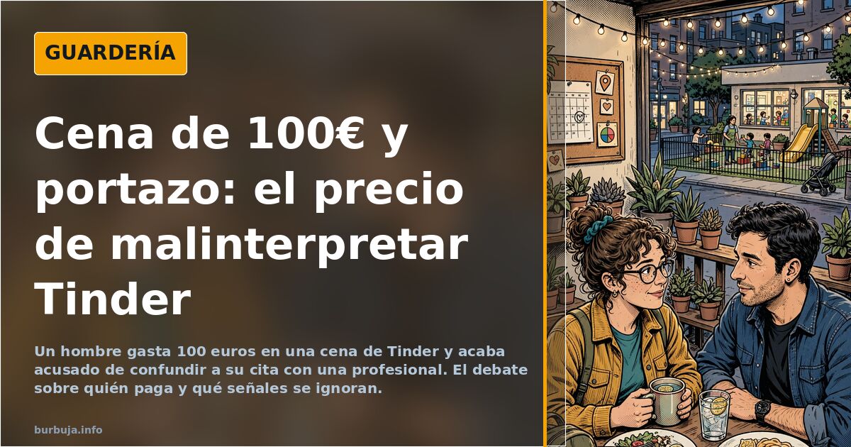 Ilustración de una cena de Tinder con dos personas y una cuenta de 100 euros sobre la mesa