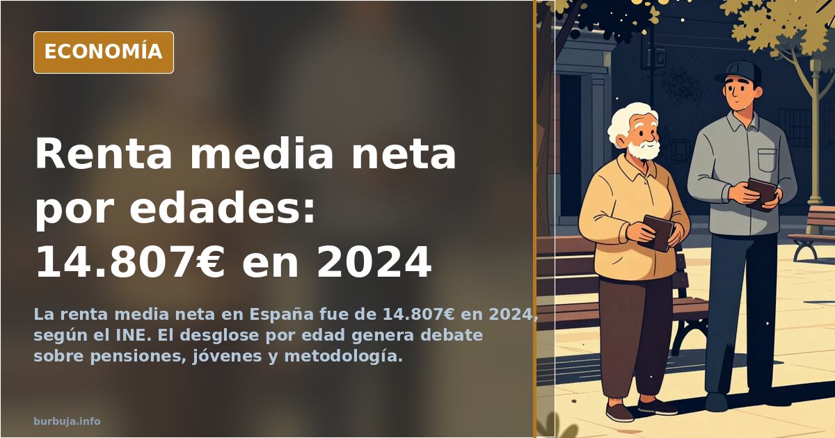 Gráfico de barras con la renta media neta por grupos de edad en España, mostrando los ingresos más altos en los tramos de may