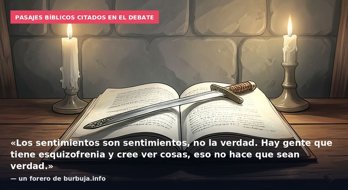 Pasajes bíblicos citados en el debate: «Los sentimientos son sentimientos, no la verdad. Hay gente que tiene esquizofrenia y cree ver cosas, eso no hace que sean verdad.» — un forero de burbuja.info