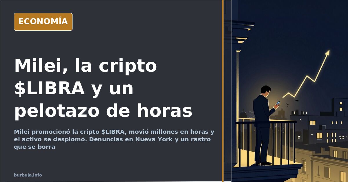 Ilustración editorial de una criptomoneda dorada desplomándose sobre un fondo azul marino con siluetas de billetes y gráficos
