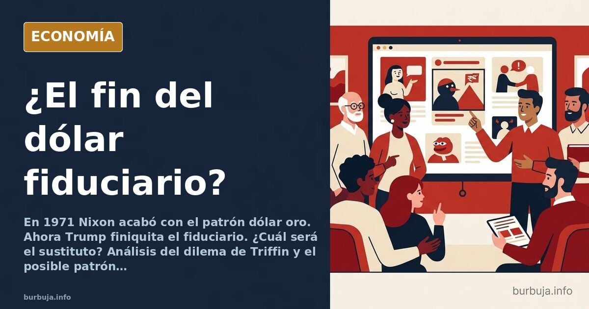 Ilustración editorial de una balanza con el dólar, el oro y el Bitcoin, símbolos del cambio de patrón monetario internacional