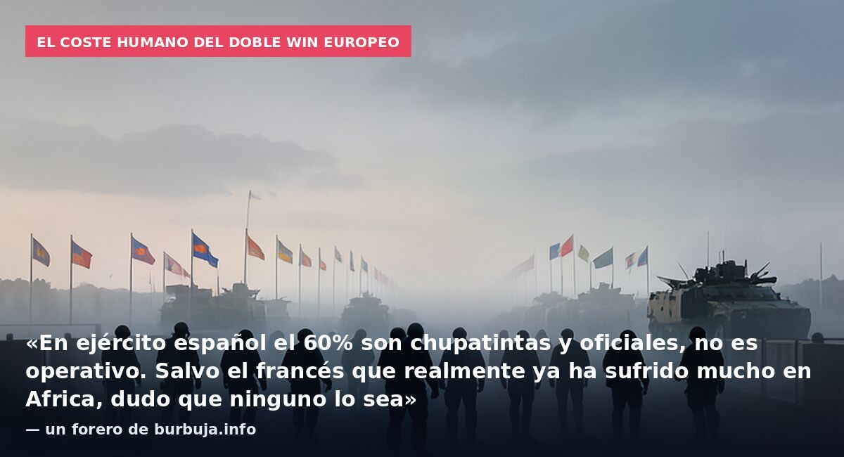El coste humano del doble win europeo: «En ejército español el 60% son chupatintas y oficiales, no es operativo. Salvo el francés que realmente ya ha sufrido mucho en Africa, dudo que ninguno lo sea» — un forero de burbuja.info