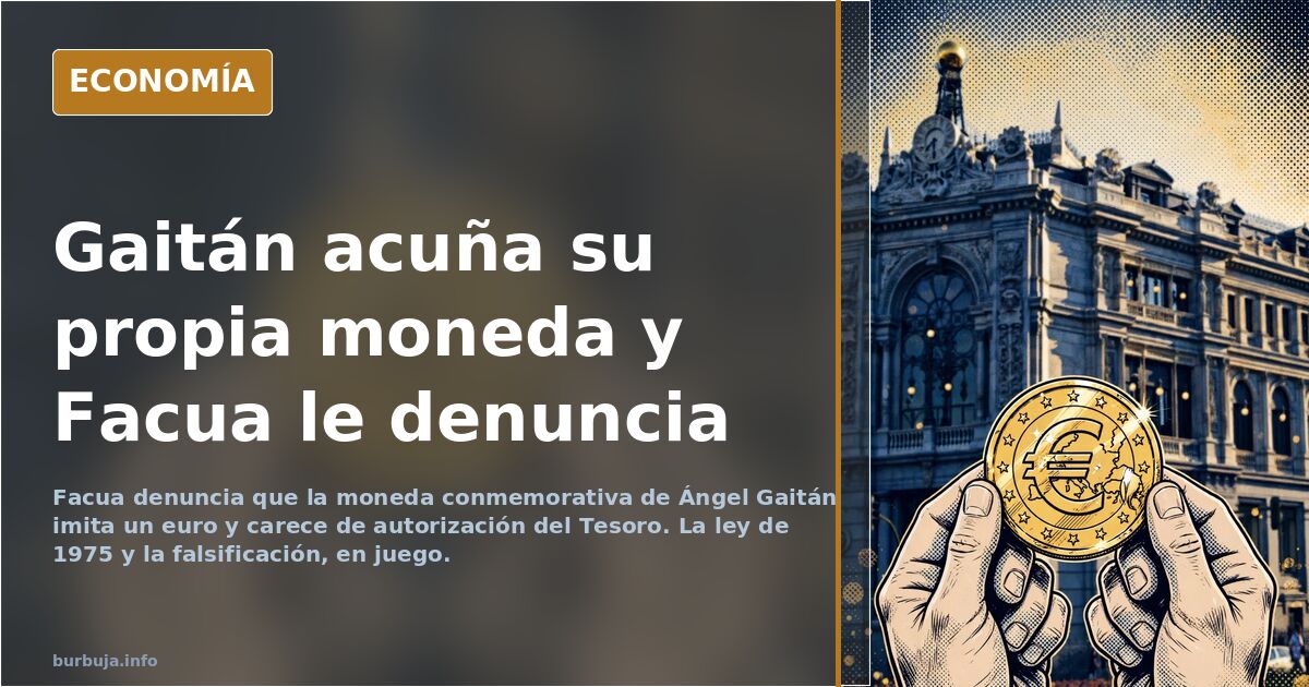 Moneda conmemorativa dorada y plateada sobre fondo azul marino junto a un ejemplar de un euro