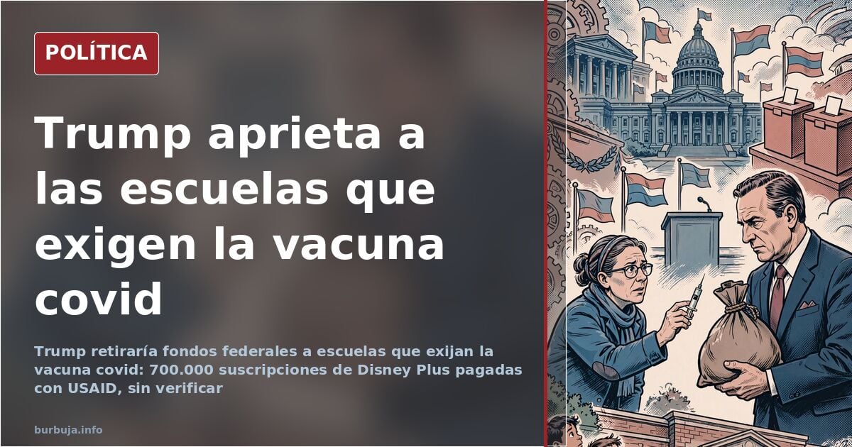 Ilustración editorial de Donald Trump ante un atril con la bandera de EEUU y un colegio al fondo, en el contexto del debate s