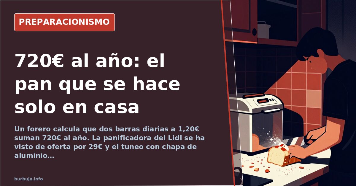Panificadora automática con pan recién hecho en su cuba, junto a una barra de pan artesano y harina