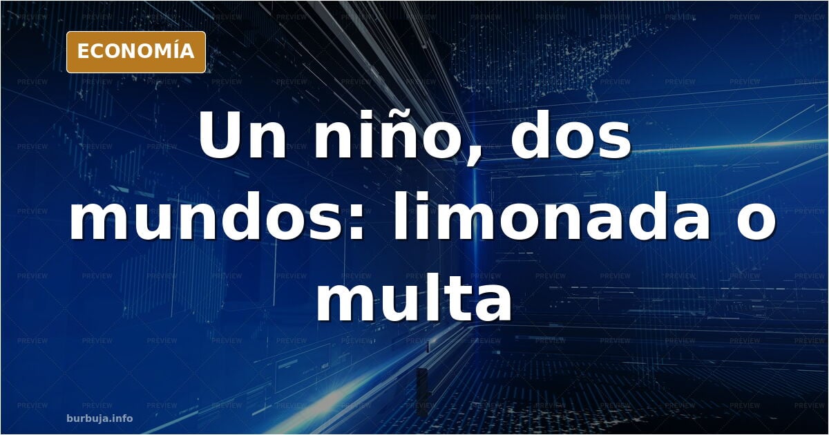 Ilustración editorial de un niño con un puesto de limonada en la acera, con un cartel de 'se vende' y un funcionario con una 