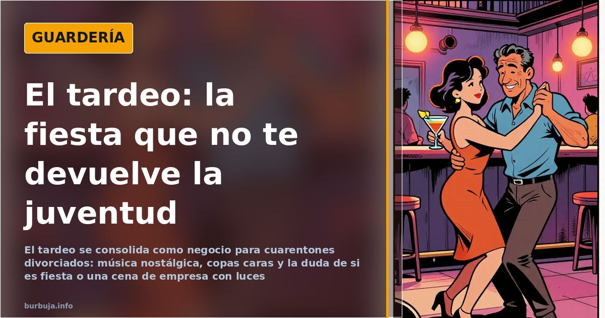 Grupo de personas de mediana edad bailando en una sala con luces de colores durante un tardeo