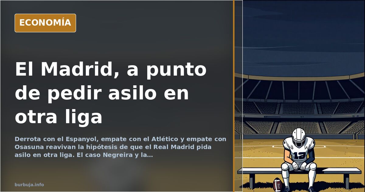 Ilustración editorial de un estadio de fútbol con un escudo genérico partido y una flecha que apunta hacia otra liga, en tono
