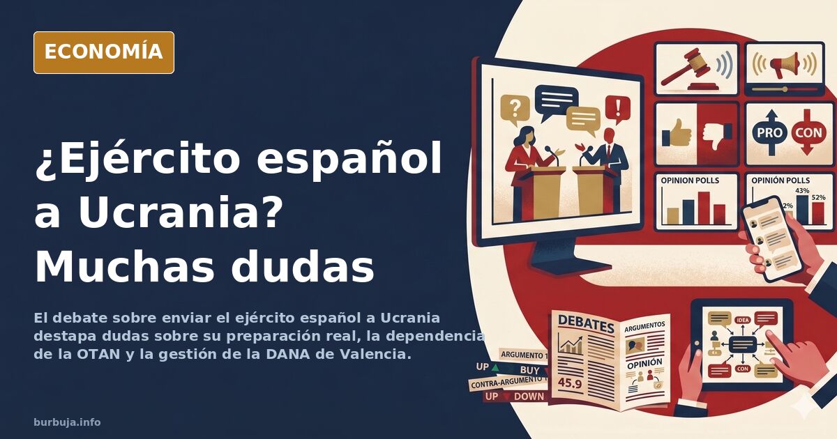 Ilustración editorial de un mapa de España con la frontera difuminada y siluetas de soldados mirando hacia el este de Europa