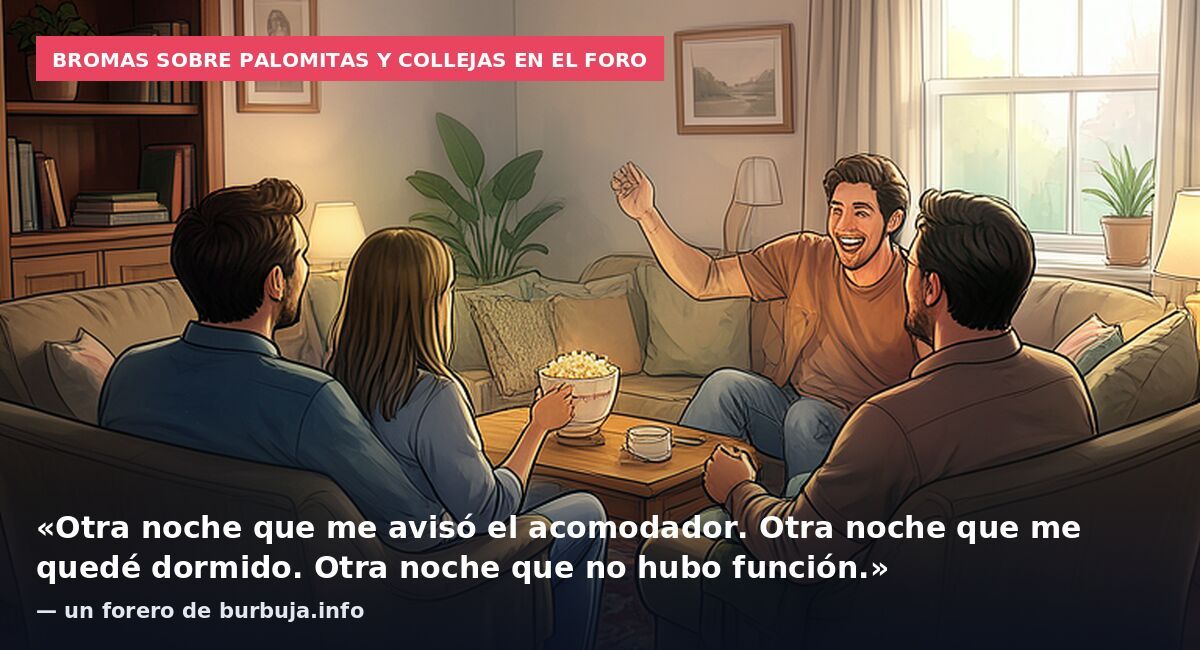 Bromas sobre palomitas y collejas en el foro: «Otra noche que me avisó el acomodador. Otra noche que me quedé dormido. Otra noche que no hubo función.» — un forero de burbuja.info