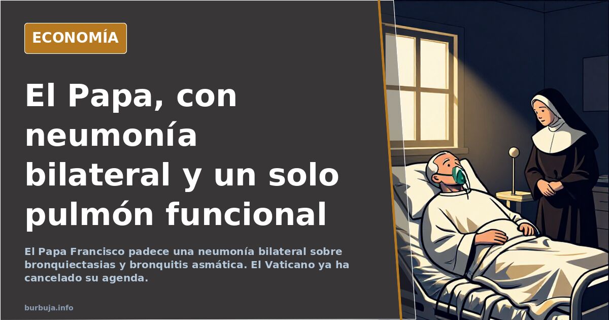 Ilustración editorial del Papa Francisco con mascarilla de oxígeno en un hospital, con un solo pulmón resaltado en azul y oro