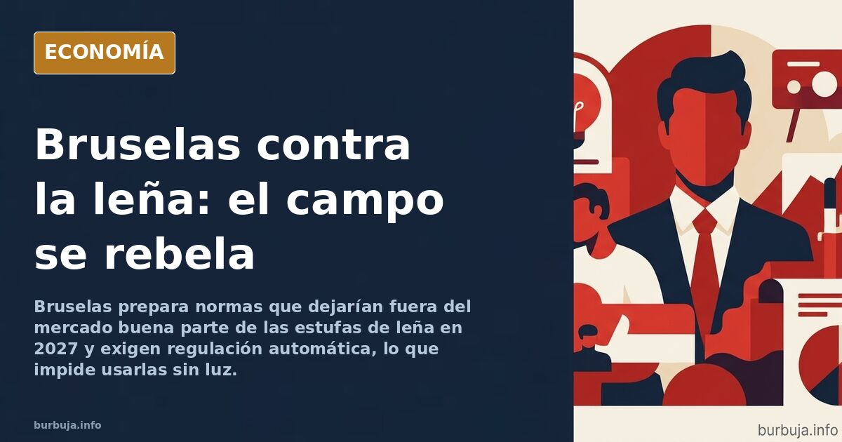 Ilustración editorial de una estufa de leña encendida en un interior rural junto a troncos apilados y un documento normativo 