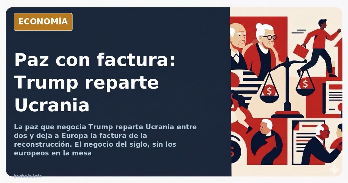 Ilustración editorial de una mesa de negociación con un mapa de Ucrania dividido y una factura de reconstrucción pendiente
