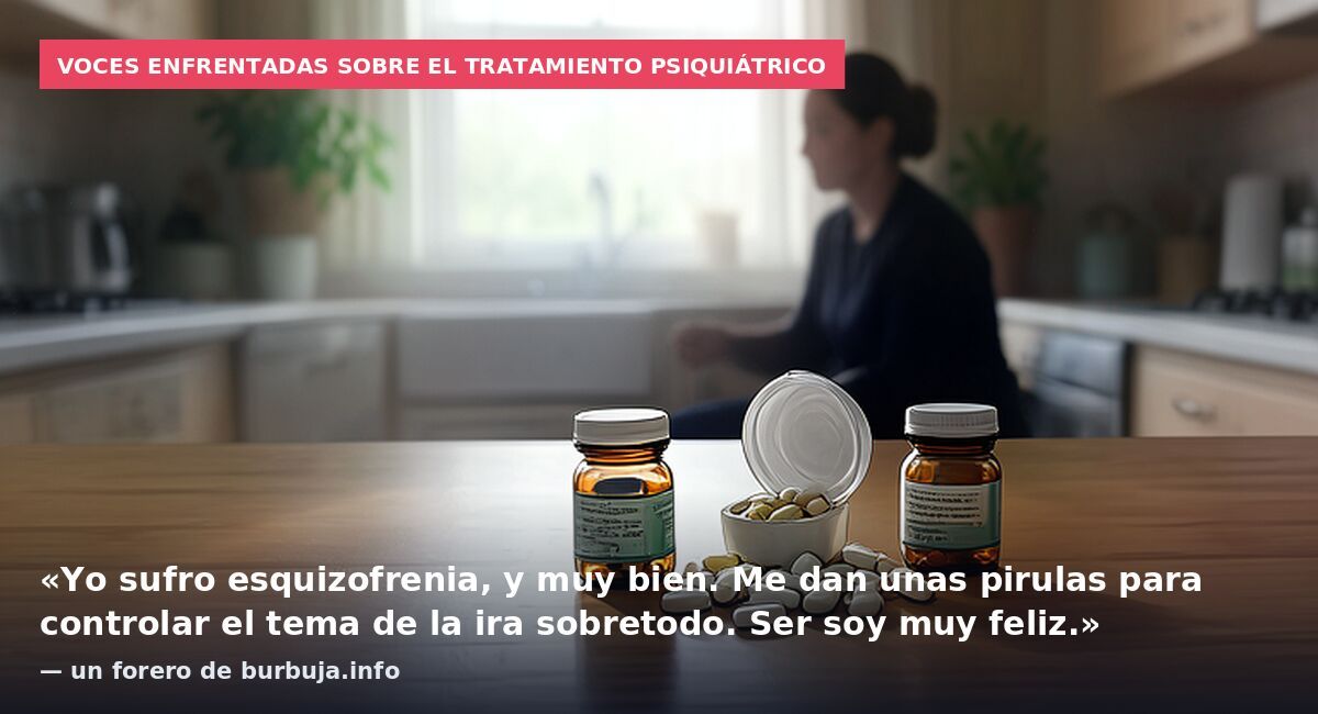 Voces enfrentadas sobre el tratamiento psiquiátrico: «Yo sufro esquizofrenia, y muy bien. Me dan unas pirulas para controlar el tema de la ira sobretodo. Ser soy muy feliz.» — un forero de burbuja.info