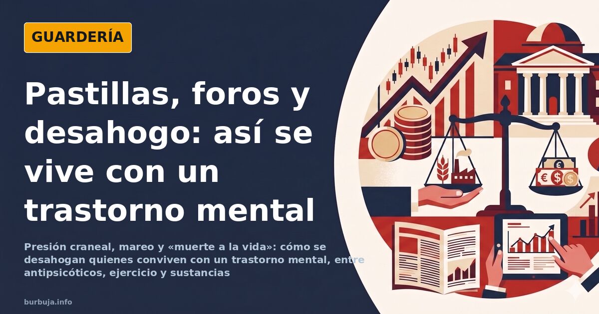 Ilustración de una persona sentada frente a una pantalla en una oficina, con pastillas y un vaso de agua sobre la mesa