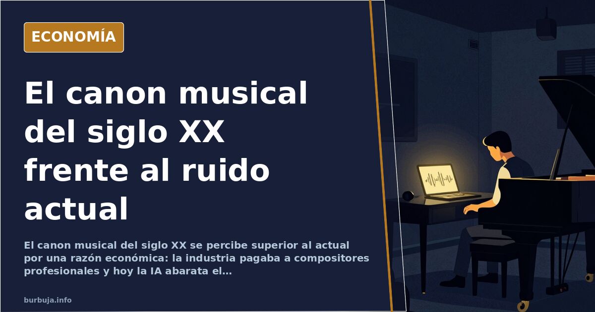 Ilustración editorial en azul marino y dorado con un micrófono antiguo y una partitura frente a una pantalla digital