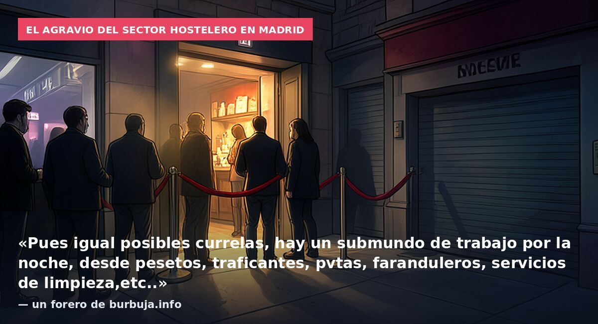 El agravio del sector hostelero en Madrid: «Pues igual posibles currelas, hay un submundo de trabajo por la noche, desde pesetos, traficantes, pvtas, faranduleros, servicios de limpieza,etc..» — un forero de burbuja.info