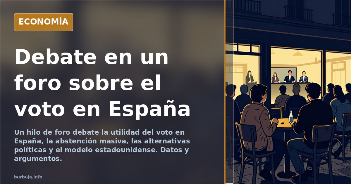 Ilustración editorial sobria con fondo azul marino y detalles dorados que representa un debate sobre el voto en España