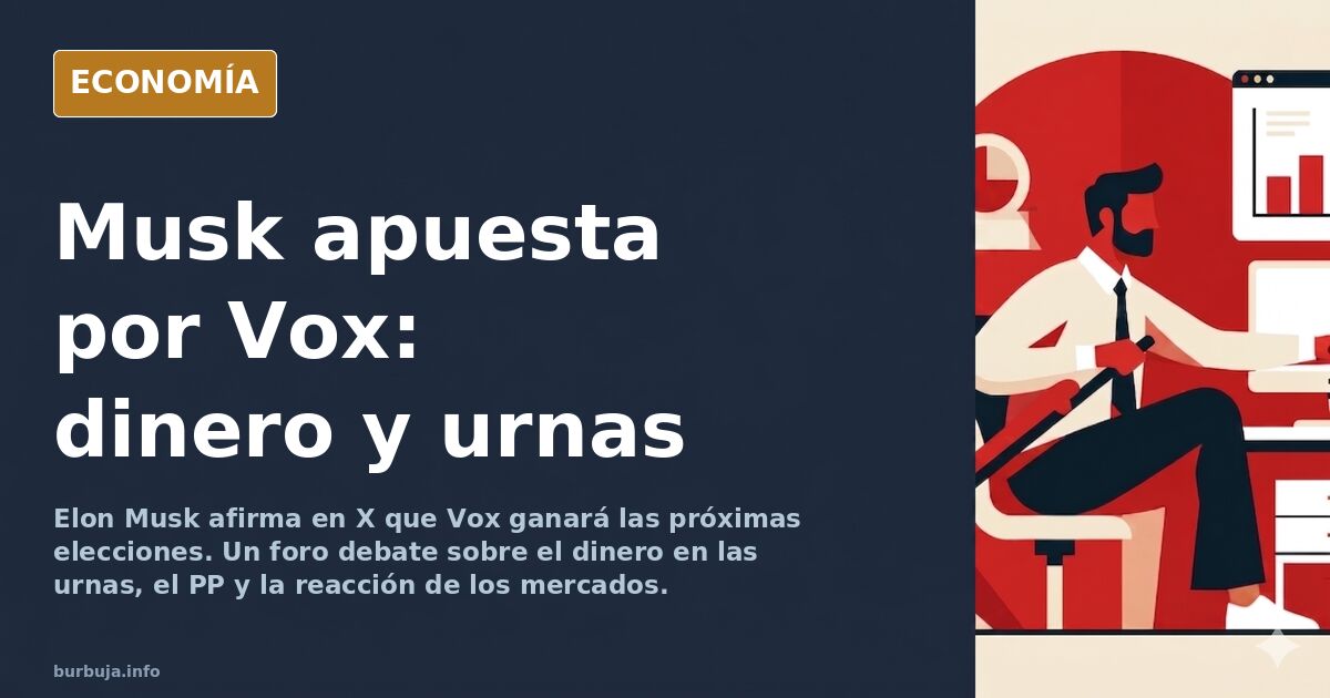 Ilustración editorial de un teléfono móvil mostrando un tuit de Elon Musk sobre Vox, con un gráfico de mercado al fondo