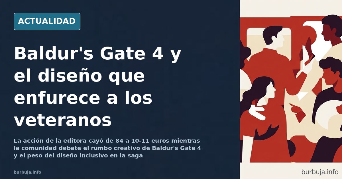 Ilustración editorial de un videojuego de rol con personajes personalizables y gráficos de cotización bursátil en descenso