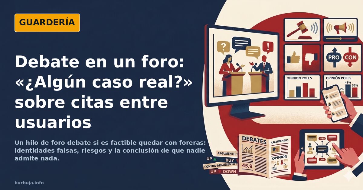 Ilustración de un foro online con perfiles anónimos y la pregunta ¿factible? flotando sobre la pantalla