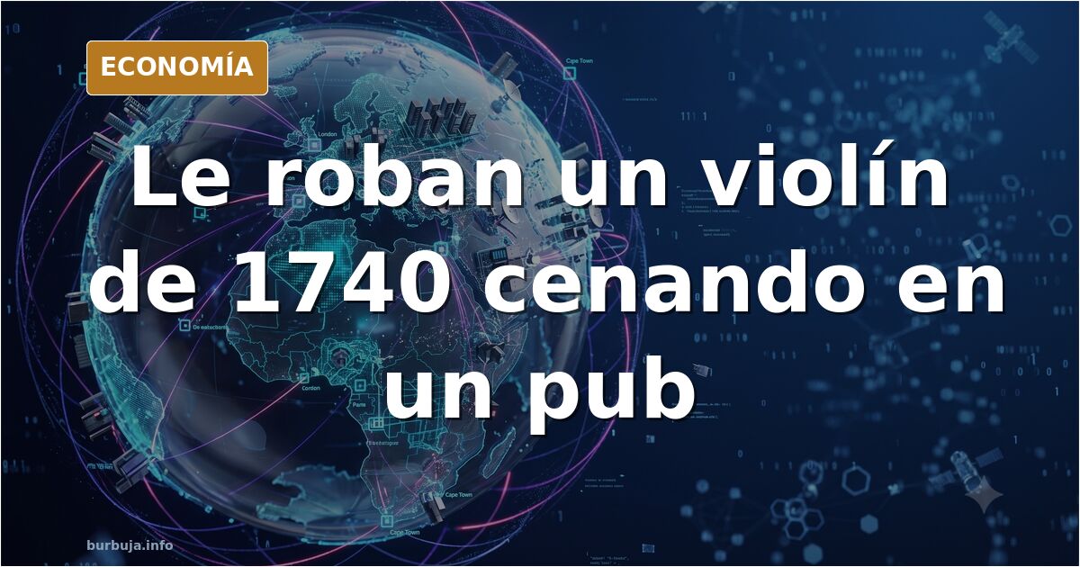 Estuche de violín abierto sobre una mesa de pub junto a un sombrero caído en el suelo, ilustración editorial en azul marino y