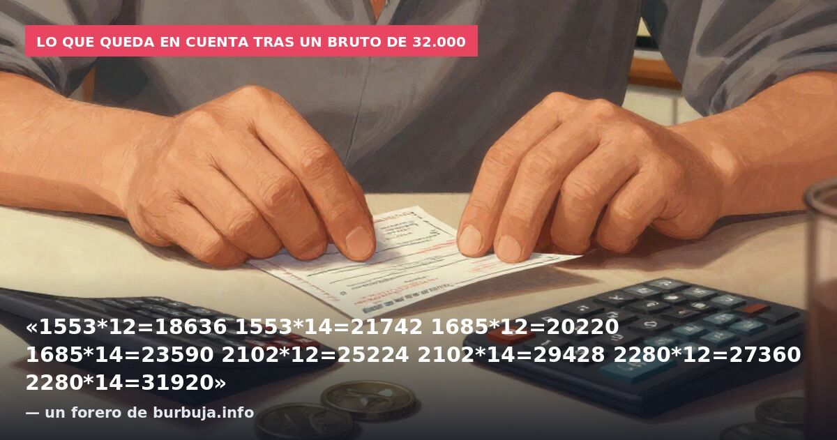 Lo que queda en cuenta tras un bruto de 32.000: «1553*12=18636 1553*14=21742 1685*12=20220 1685*14=23590 2102*12=25224 2102*14=29428 2280*12=27360 2280*14=31920» — un forero de burbuja.info