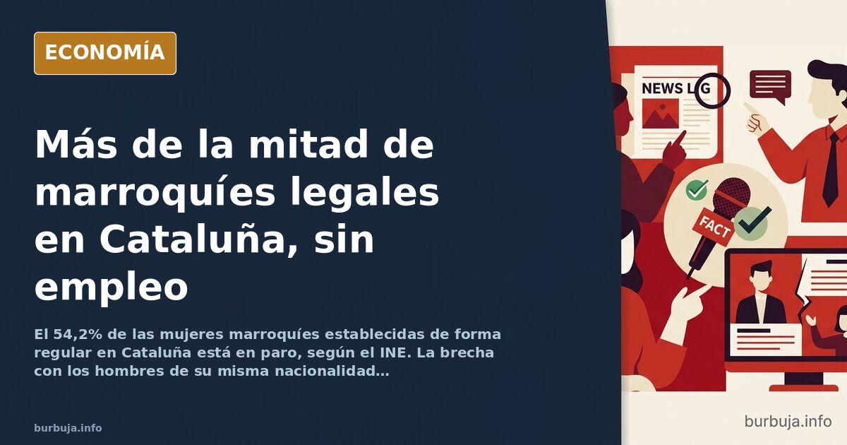 Gráfico de barras con tasas de paro por nacionalidad y género en Cataluña, destacando el 54,2% de las mujeres marroquíes
