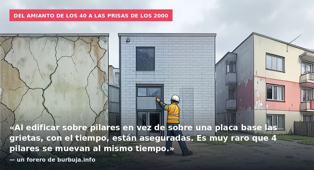 Del amianto de los 40 a las prisas de los 2000: «Al edificar sobre pilares en vez de sobre una placa base las grietas, con el tiempo, están aseguradas. Es muy raro que 4 pilares se muevan al mismo tiempo.» — un forero de burbuja.info