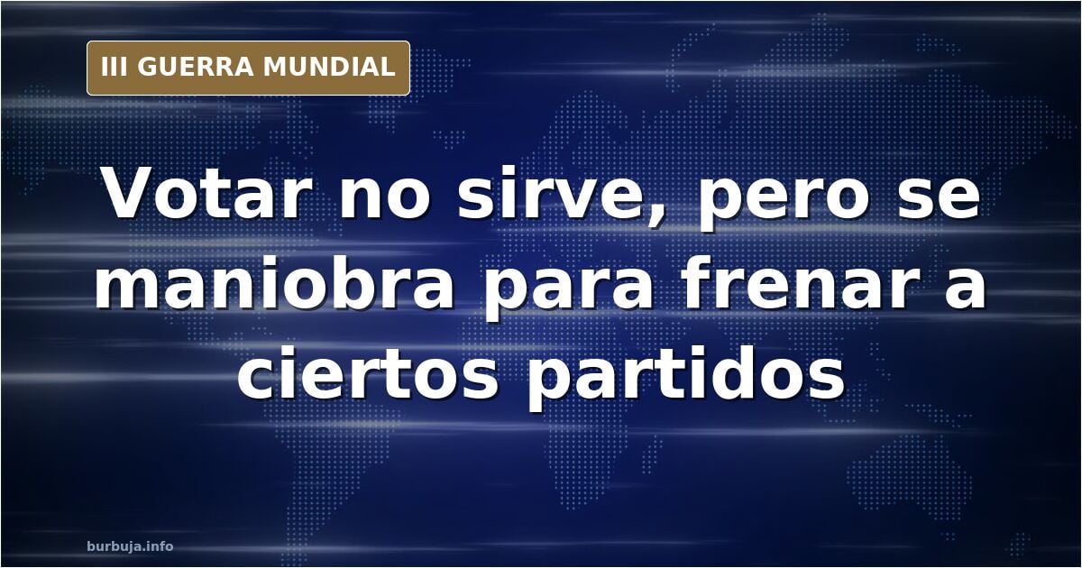 Ilustración documental desaturada de un mapa de Europa con siluetas de urnas y equipamiento militar, humo distante en el hori