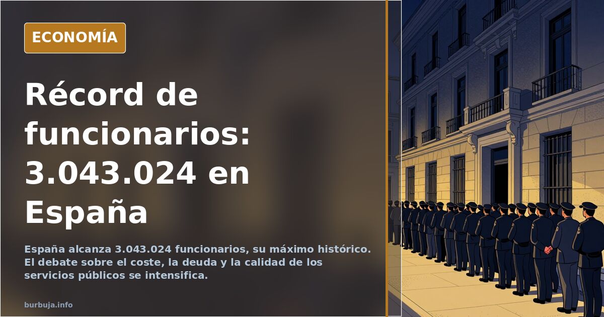 Ilustración editorial de un edificio administrativo con una multitud de figuras entrando, en tonos azul marino y dorado