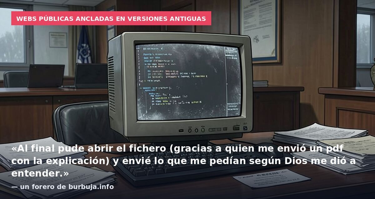 Webs públicas ancladas en versiones antiguas: «Al final pude abrir el fichero (gracias a quien me envió un pdf con la explicación) y envié lo que me pedían según Dios me dió a entender.» — un forero de burbuja.info