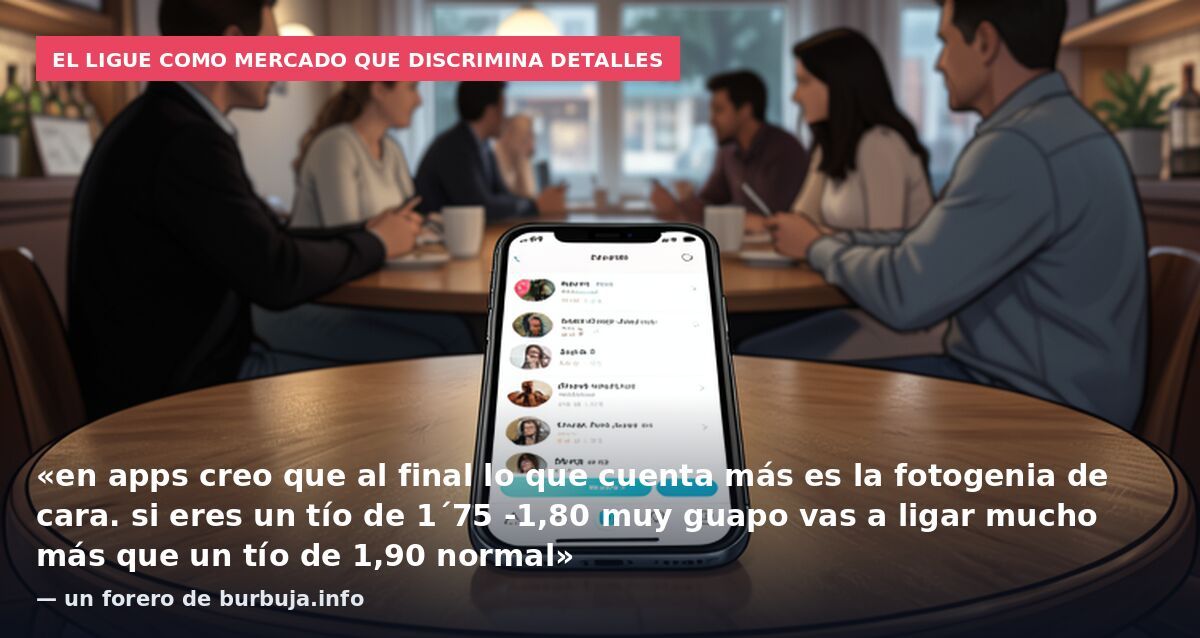 El ligue como mercado que discrimina detalles: «en apps creo que al final lo que cuenta más es la fotogenia de cara. si eres un tío de 1´75 -1,80 muy guapo vas a ligar mucho más que un tío de 1,90 normal» — un forero de burbuja.info