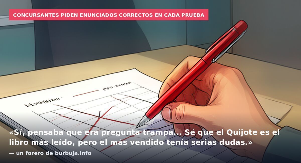 Concursantes piden enunciados correctos en cada prueba: «Sí, pensaba que era pregunta trampa... Sé que el Quijote es el libro más leído, pero el más vendido tenía serias dudas.» — un forero de burbuja.info