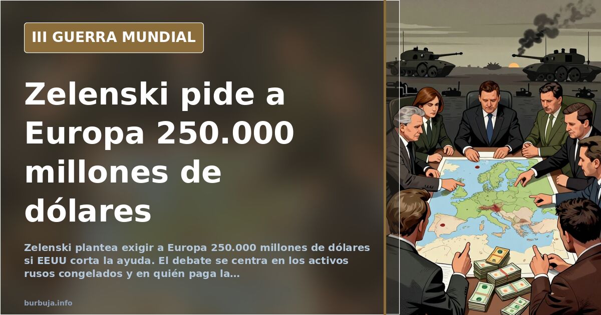 Silueta de un mapa de Europa del Este con activos congelados y cifras de ayuda militar sobre fondo desaturado
