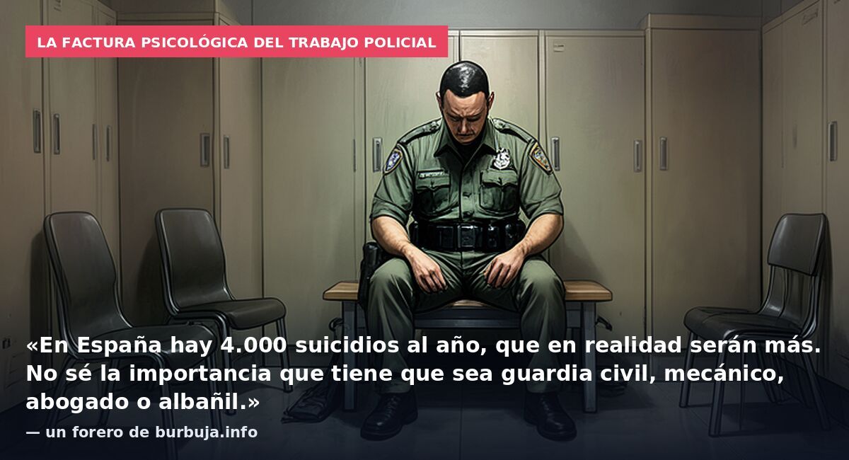 La factura psicológica del trabajo policial: «En España hay 4.000 suicidios al año, que en realidad serán más. No sé la importancia que tiene que sea guardia civil, mecánico, abogado o albañil.» — un forero de burbuja.info