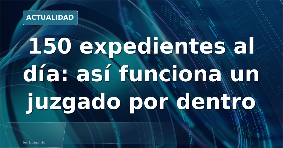 Ilustración editorial de una mesa de juzgado con pilas de expedientes y una pantalla de ordenador encendida