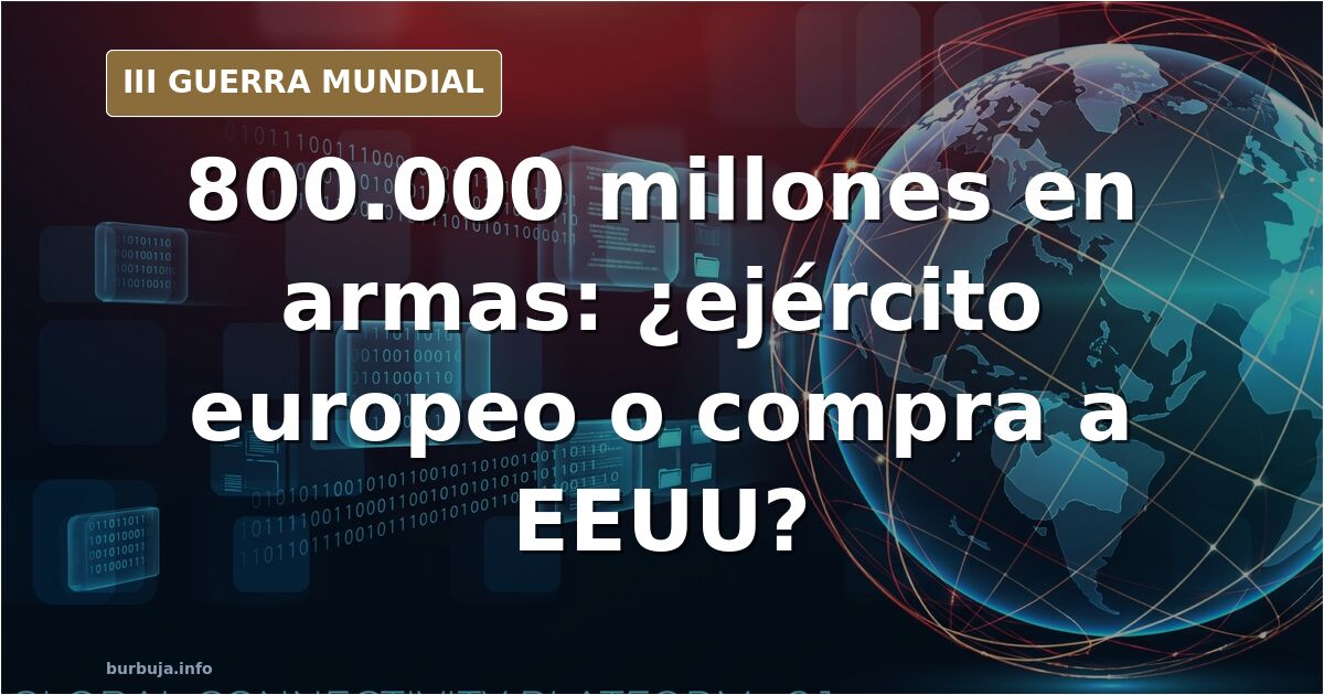 Mapa de Europa con siluetas de aviones de guerra y tanques, y columnas de humo en el horizonte, ilustrando el plan de rearme 