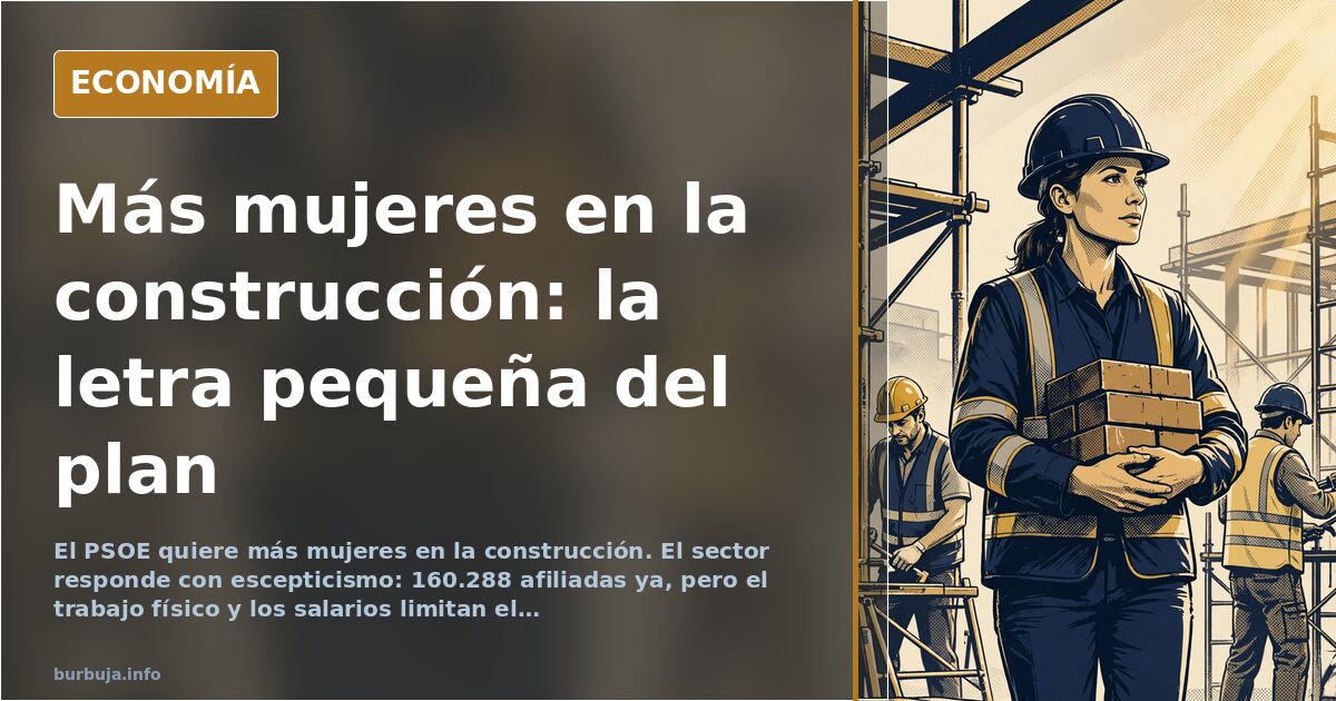 Ilustración editorial de una obra con una mujer con casco blanco supervisando mientras obreros trabajan, en tonos azul marino
