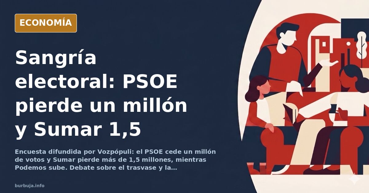 Gráfico de barras descendentes en azul marino y dorado que ilustra la pérdida de votos del PSOE y Sumar en intención de voto