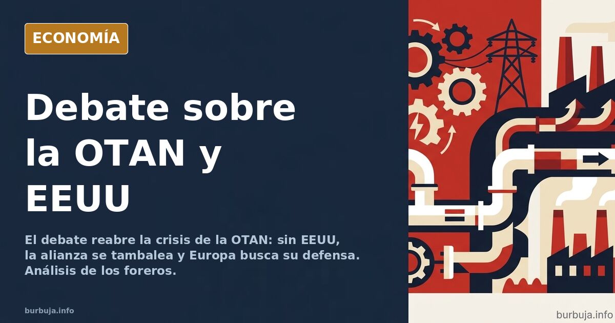 Ilustración editorial de la OTAN en crisis con la bandera de EEUU y Europa separadas