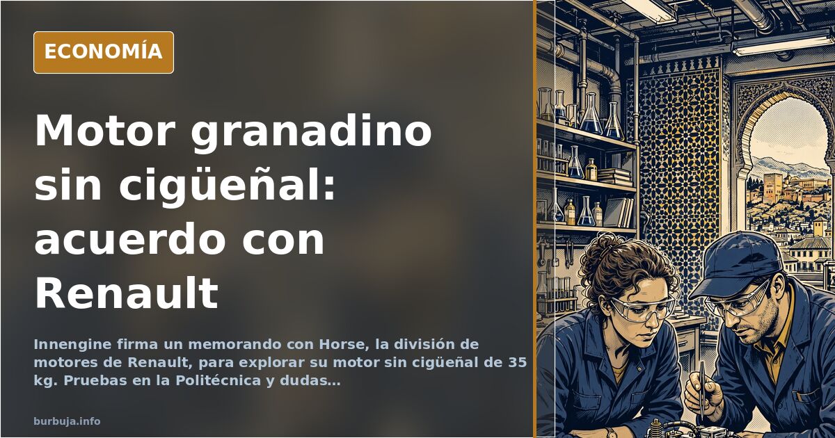 Ilustración editorial de un motor de explosión sin cigüeñal sobre fondo azul marino, con piezas doradas y un banco de pruebas